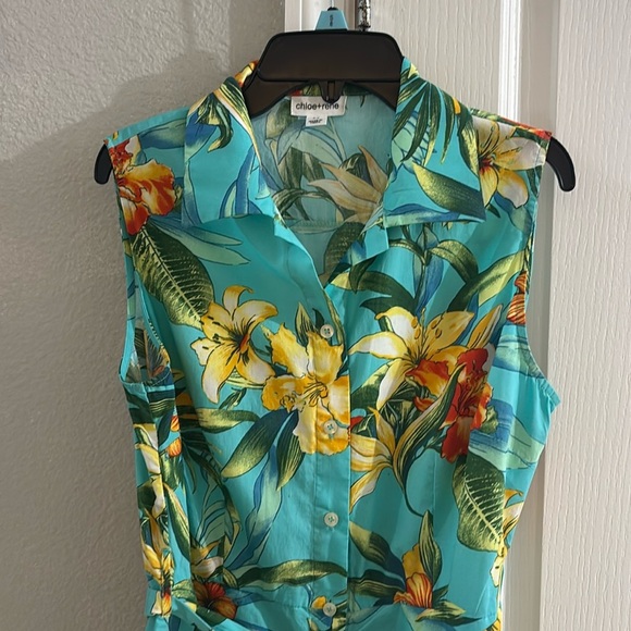 Tropical Blue and Orange Sleeveless Polo Blouse - Picture 5 of 10